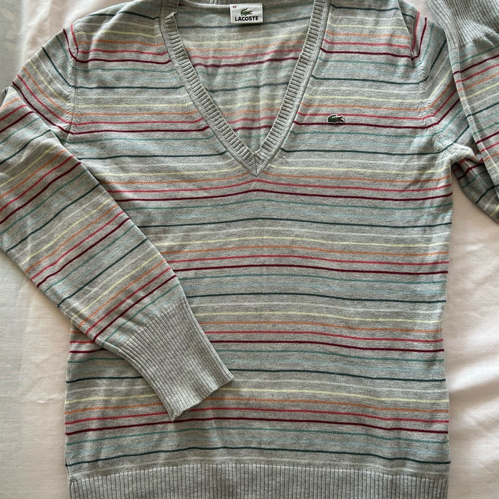 Lacoste Vintage Women’s Striped V-Neck Sweater -Rainbow on Grey with logo